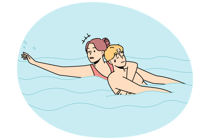 Woman saving man drowning in water  Illustration