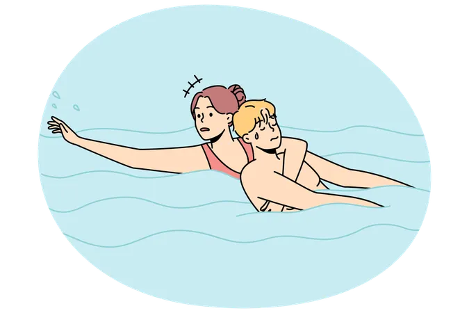 Woman saving man drowning in water  Illustration