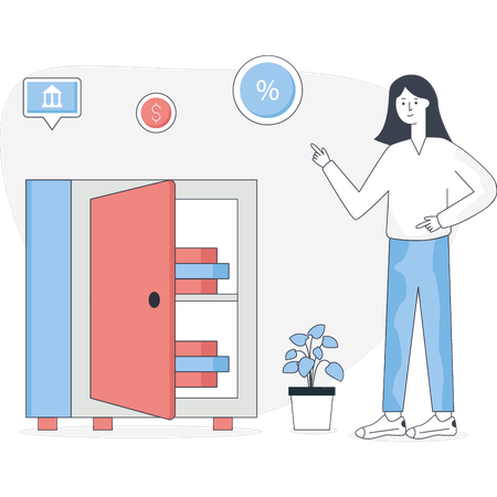 Woman saving money in locker  Illustration