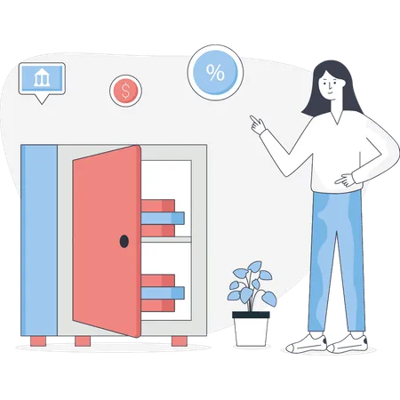 Woman saving money in locker  Illustration