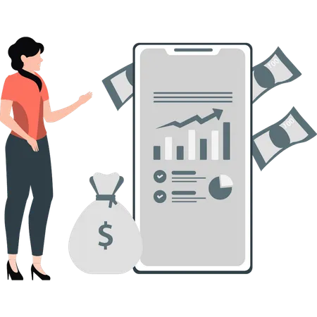 Woman saving money in mobile  Illustration