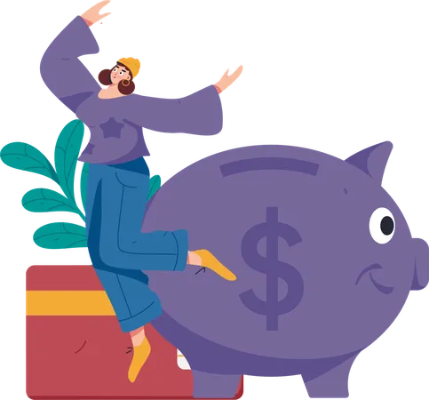 Woman saving money in piggy bank  Illustration