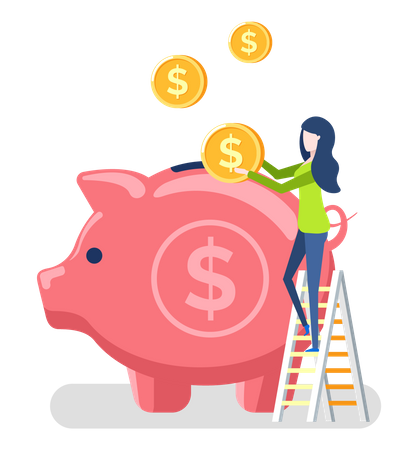Woman saving money in piggy bank Illustration