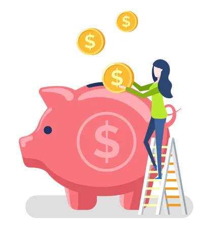 Woman saving money in piggy bank Illustration