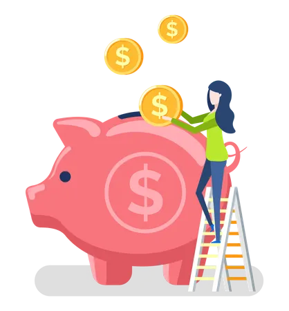 Woman saving money in piggy bank  Illustration