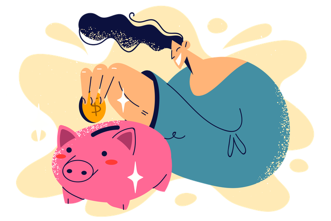 Woman saving money in piggy bank  Illustration