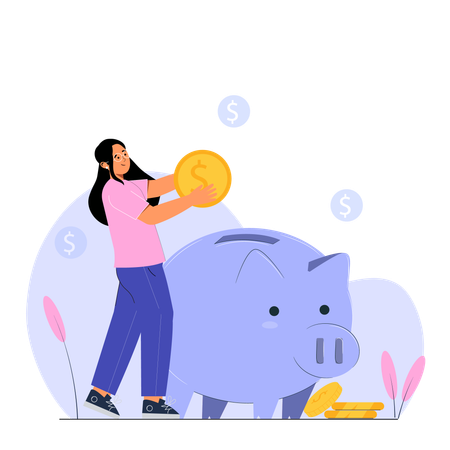 Woman saving money in piggy bank  Illustration