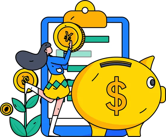 Woman saving money in piggy bank  Illustration