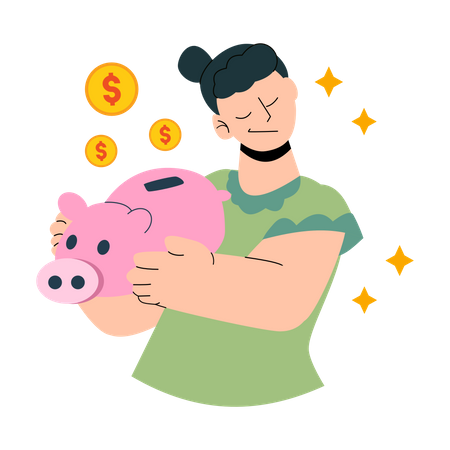 Woman savings money in piggy bank Illustration