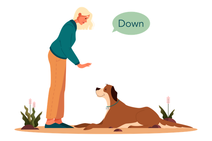 Woman saying dog to sit down  Illustration