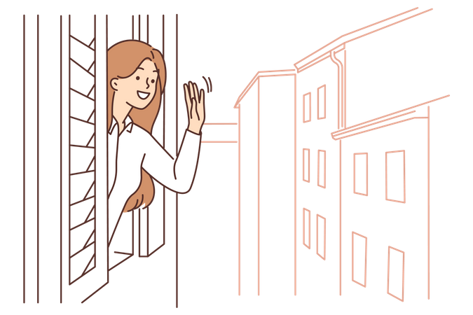 Woman saying hello while peeking from window  Illustration