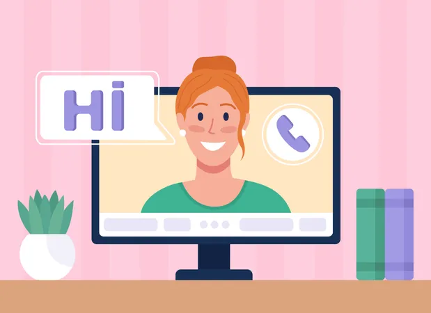 Woman saying hi on an online video call Illustration