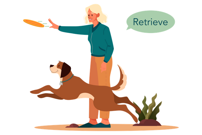 Woman saying retrieve command to pet dog  Illustration