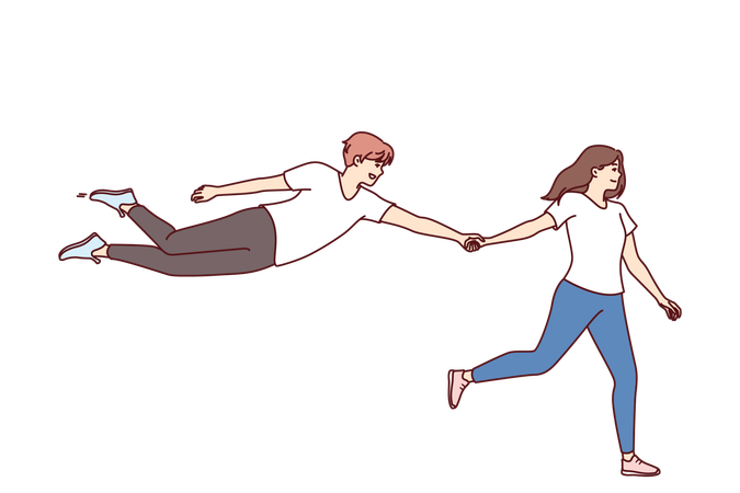 Woman says follow me and holds hand of flying man who wants to be always with girlfriend  Illustration