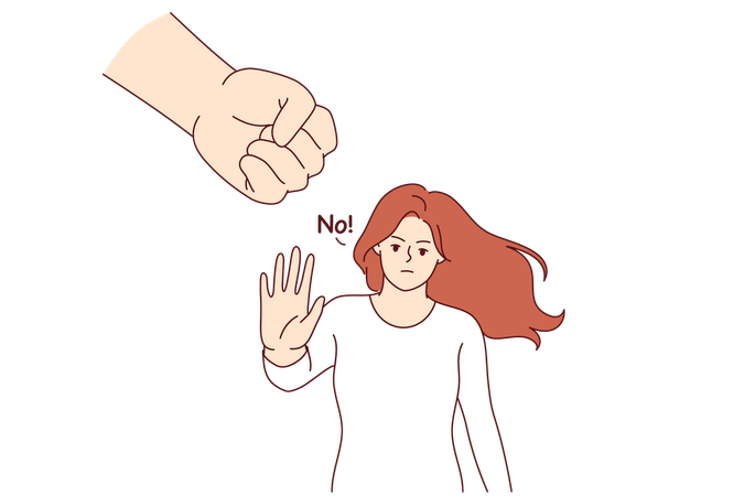 Woman says no to domestic violence and makes stop gesture and standing near fist of wants to strike  Illustration