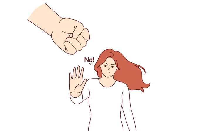 Woman says no to domestic violence and makes stop gesture and standing near fist of wants to strike  Illustration