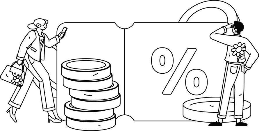 Woman scans for discount coupon to gain savings  Illustration