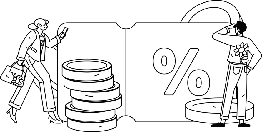Woman scans for discount coupon to gain savings  Illustration
