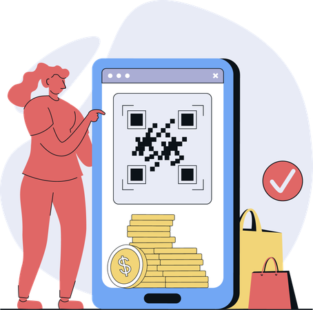 Woman scans QR code for online payment  Illustration