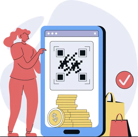 Woman scans QR code for online payment  Illustration