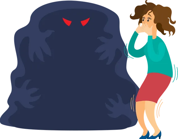 Woman scared of spooky monster from nightmare  Illustration