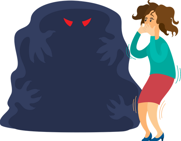 Woman scared of spooky monster from nightmare  Illustration