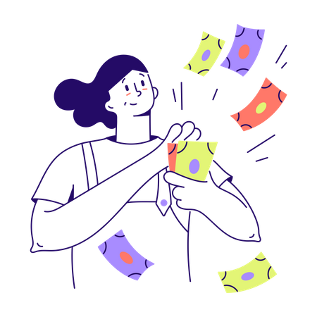 Woman scatters bills of money  Illustration