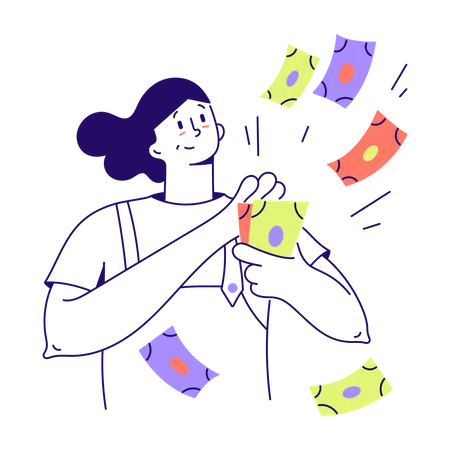 Woman scatters bills of money  Illustration