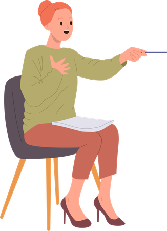 Woman school psychologist sitting on chair holding pen and talking holding therapeutic session  Illustration