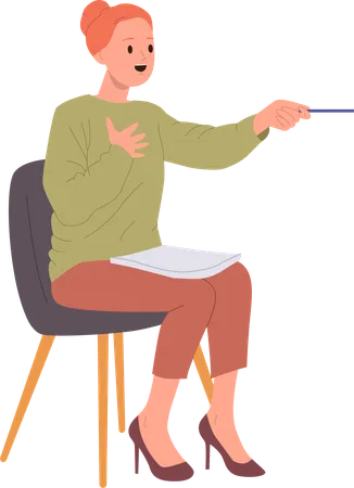 Woman school psychologist sitting on chair holding pen and talking holding therapeutic session  Illustration