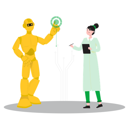 Woman scientist doing experiment with robot  Illustration