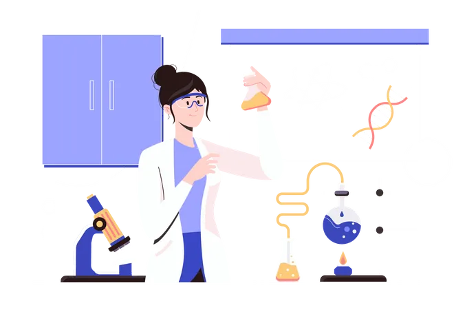 Science Laboratory Web Concept With People Scene In Flat Blue Design Woman Scientist Holds Tube With Liquid And Makes Scientific Research Conducts Experiments And Tests In Lab Vector Illustration イラスト