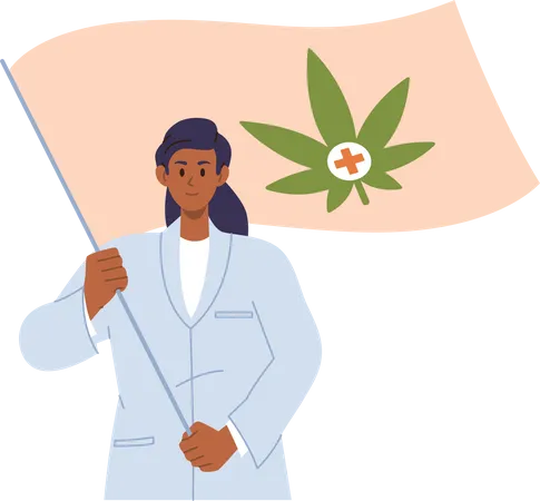 Woman Scientist Doctor Character In Uniform Holding Flag Performing For Supporting And Promoting Legalization Of Cannabis Plant For Medical Use Vector Illustration Isolated On White Background Illustration