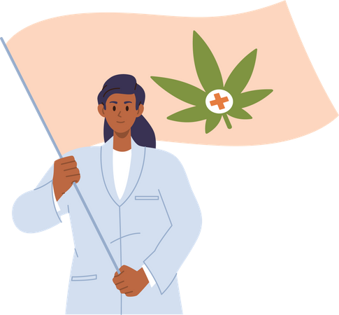 Woman scientist in uniform promoting legalization of cannabis plant for medical use  Illustration