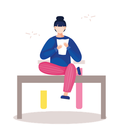 Woman scientist looking experiment report  Illustration