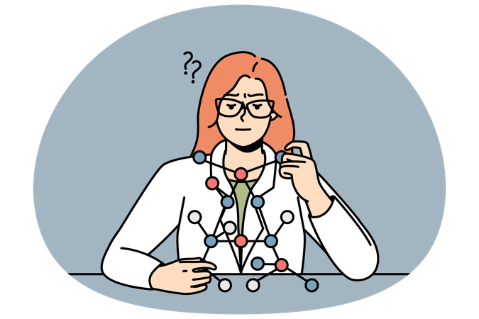 Woman scientist looks at molecule model  Illustration
