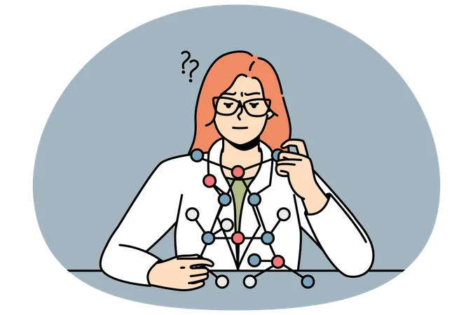 Woman scientist looks at molecule model  Illustration