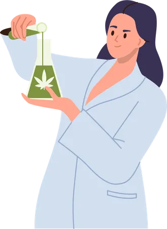 Woman Scientist Researcher In Lab Coat Making Marijuana Drugs Female Pharmacists Pouring Liquid Meds With Hemp From Test Tube To Flask Pharmacy And Natural Drug Preparation Vector Illustration Illustration