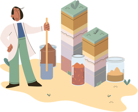 Woman scientist measuring ground levels status  Illustration