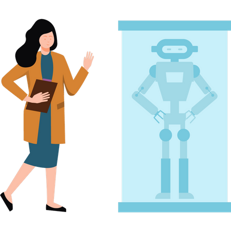 Woman scientist researching the robot  Illustration