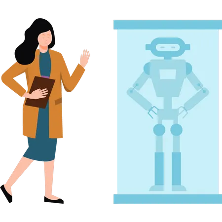 Woman scientist researching the robot  Illustration