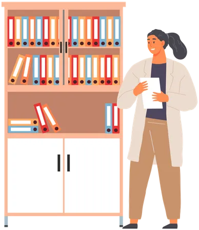 Girl Secretary Assistants Near Bookcase With Folders Vector Illustration Woman In Lab Coat Working With Scientific Documents On Bookshelves Scientist While Working With Information Documents Illustration