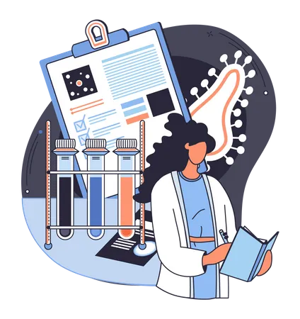 Woman scientist with flasks and research report  Illustration