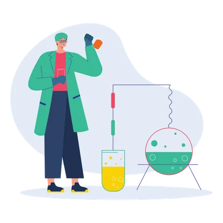 Woman scientist with flasks and research report  Illustration