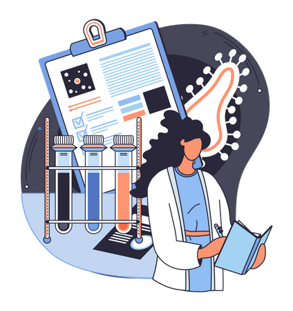 Woman scientist with flasks and research report  Illustration