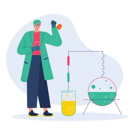 Woman scientist with flasks and research report  Illustration