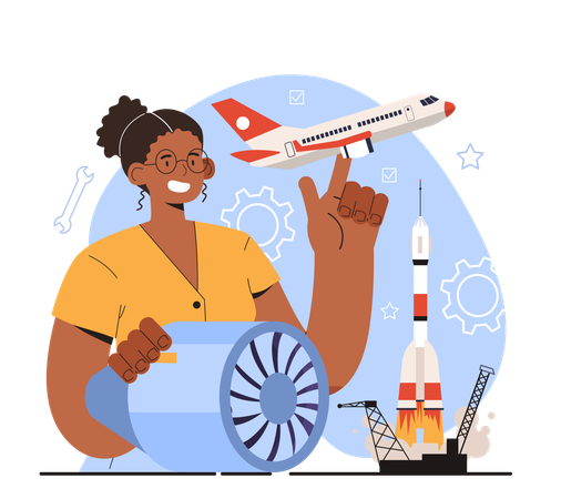 Woman scientist works on airplane designing  Ilustración