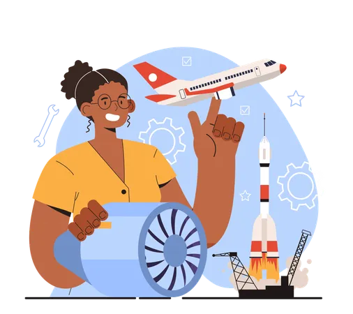 Diverse Women In Technology And Engineering Concept Female Aerospace Engineer Design Or Build Civil Or Cargo Aircraft Missiles Systems For National Defense Or Spacecraft Flat Vector Illustration Illustration