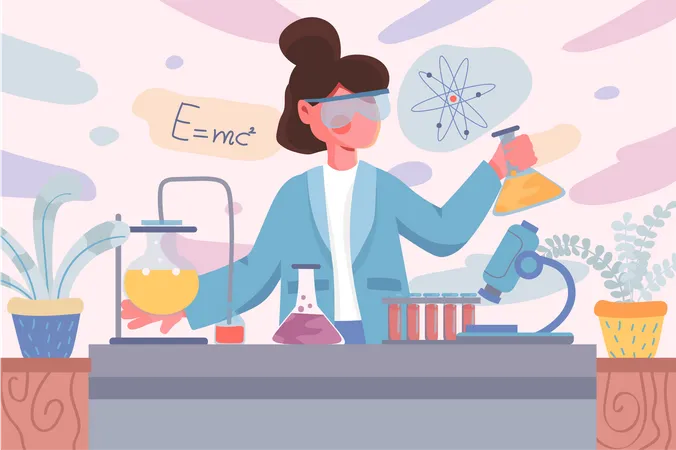 Laboratory Banner Woman Scientist Doing Tests In Flasks In Lab Background Scientific Research On Professional Equipment Poster Vector Illustration For Backdrop Or Placard In Flat Cartoon Design Illustration