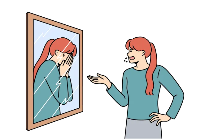 Woman scolding own reflection in mirror of low self-esteem and dipression  イラスト